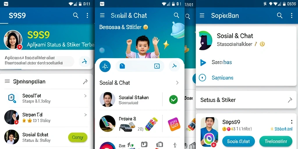 Antarmuka S9S9 menampilkan berbagai pilihan stiker dan status yang menarik.